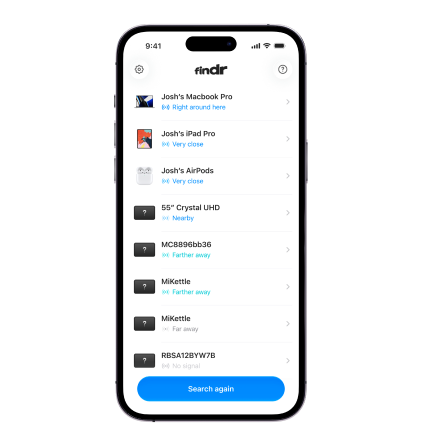 Findr listing nearby devices like a MacBook Pro, iPad Pro and AirPods